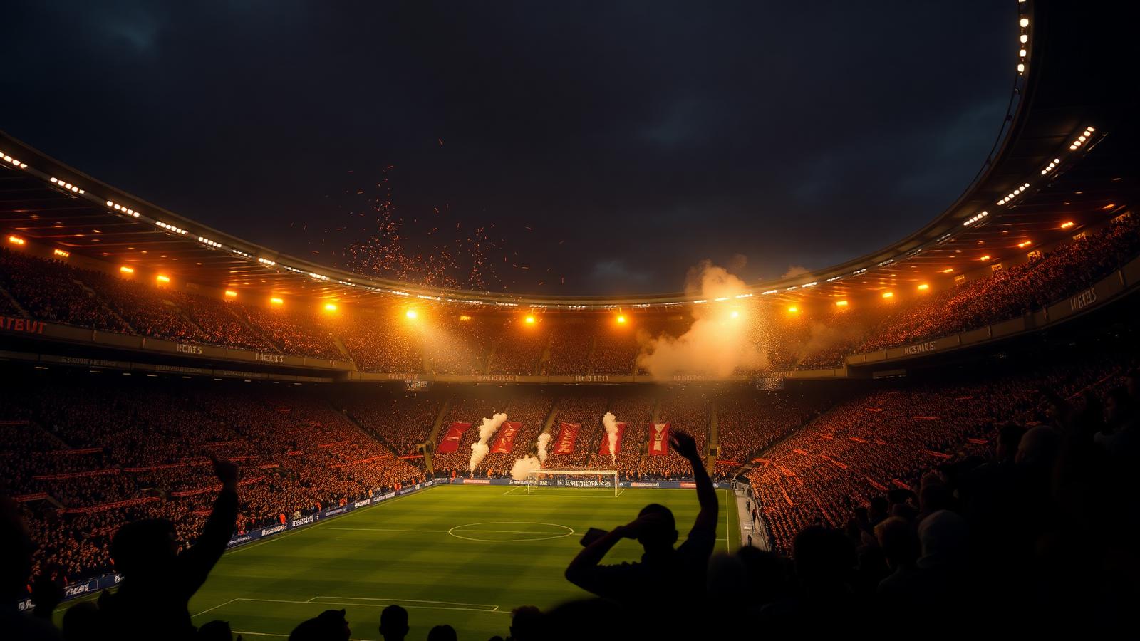 Floodlit football stadium packed with fans on a matchday
